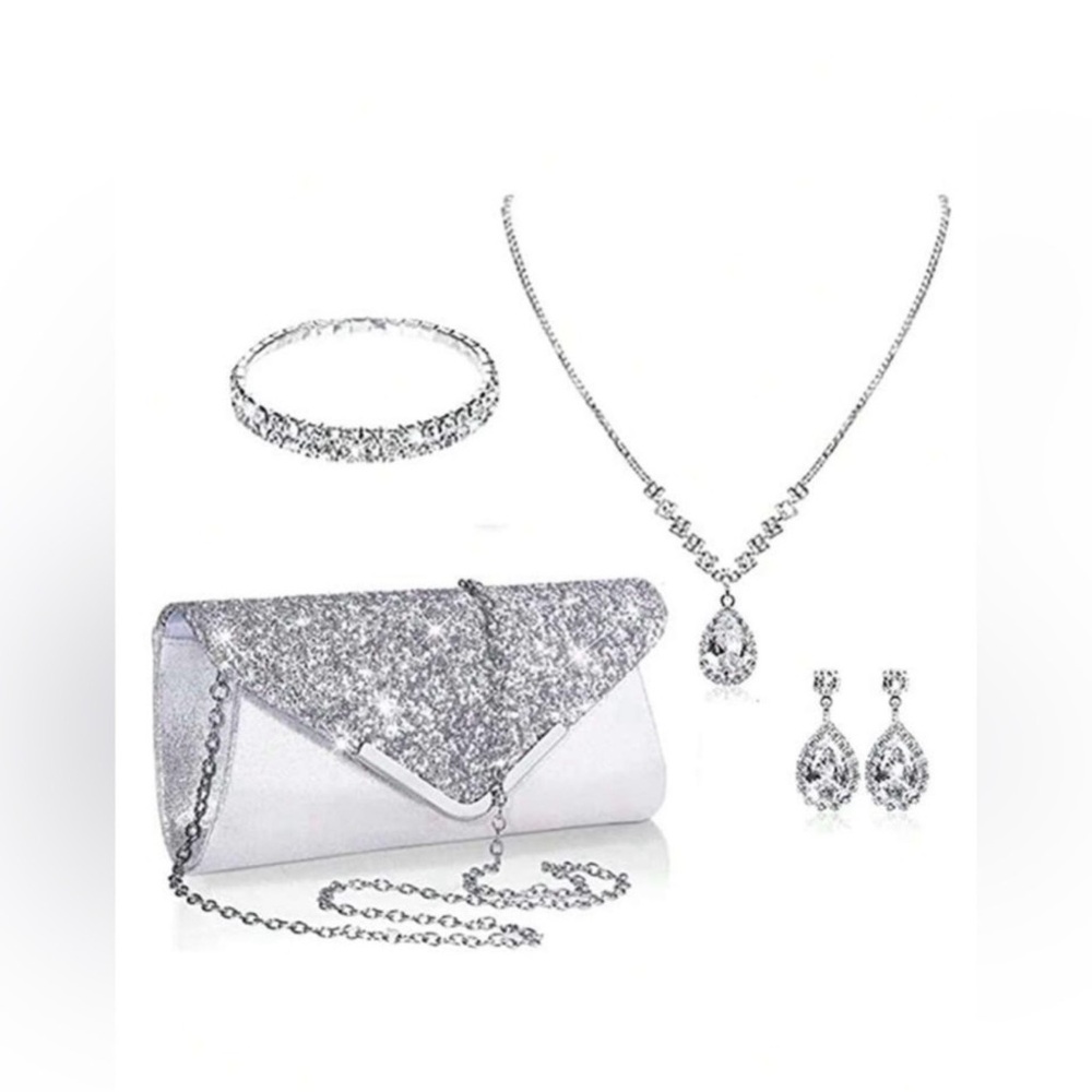 Silver Glitter Clutch and Jewelry Set